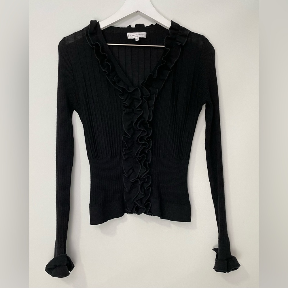 Anne Fontaine V Neck Ruffle Front & Cuff Cardigan Sweater Black Sz 40/ US 6